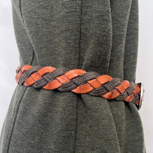 TOMMY HILFIGER Braided Leather Denim Womens Belt Size Medium Brown Blue 90s y2k - Picture 5 of 12